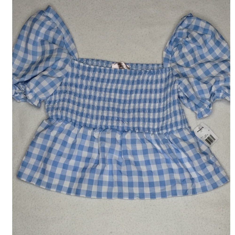 Dizzy Lizzy Gingham‎ Smocked Top Puff Sleeve Peplum Blouse Blue White XL